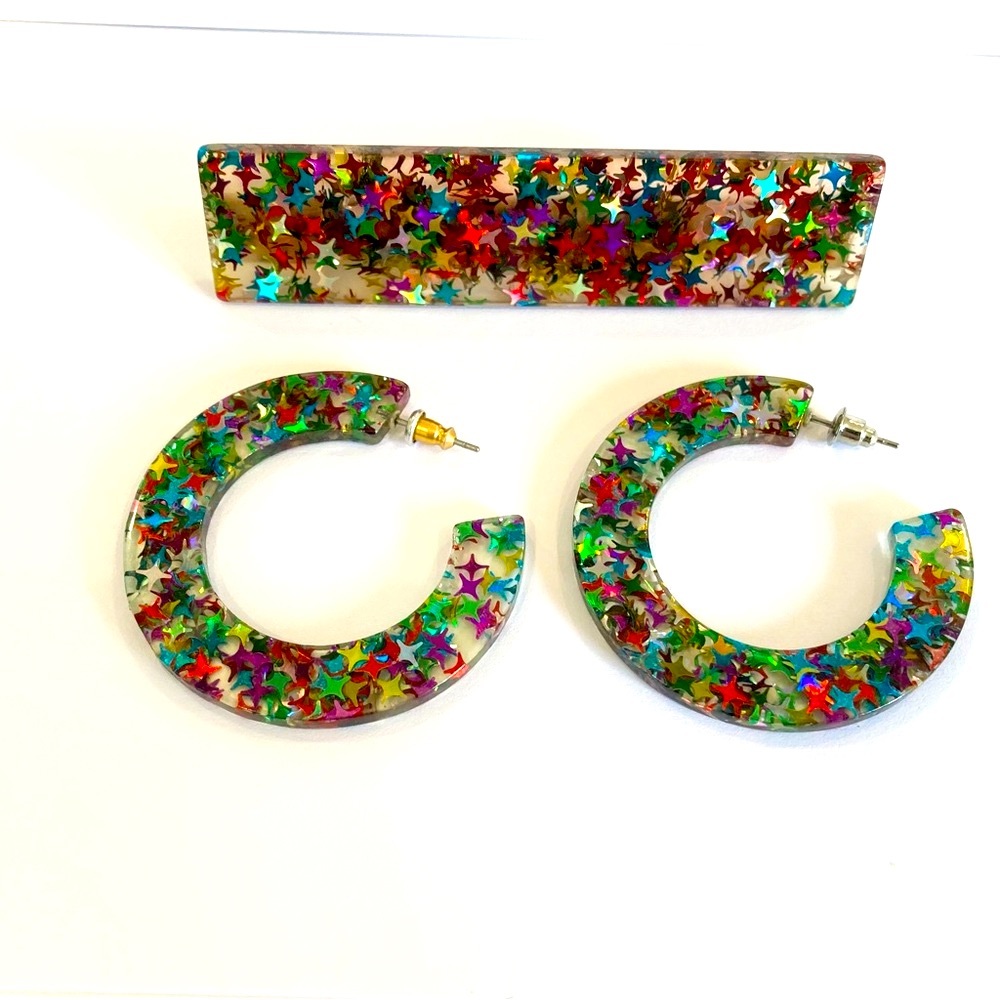 Rainbow sparkly star celestial resin hoop earrings and matching barrette